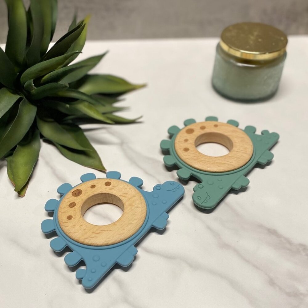 Dinosaur Baby Teether Toys Set of 2, Green, Blue, Sensory Baby Toy